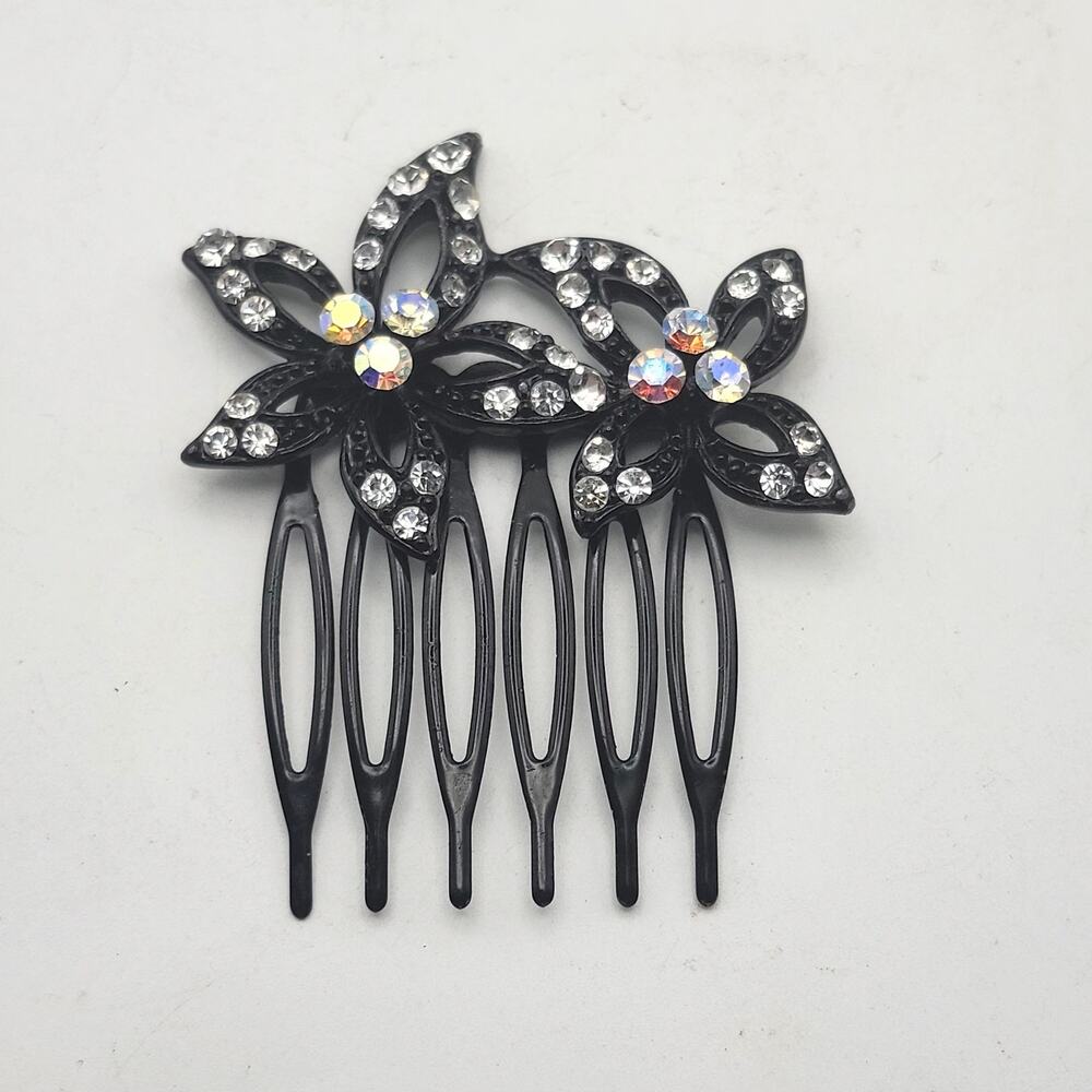 Black Floral Rhinestone Hair Comb Iridescent Accent Decorative 6 Tooth Slide